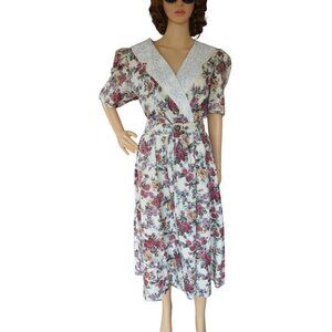 Vintage 80s Tina Berrie Floral Cottagecore Belted Lace Midi Dress Womens Size La
